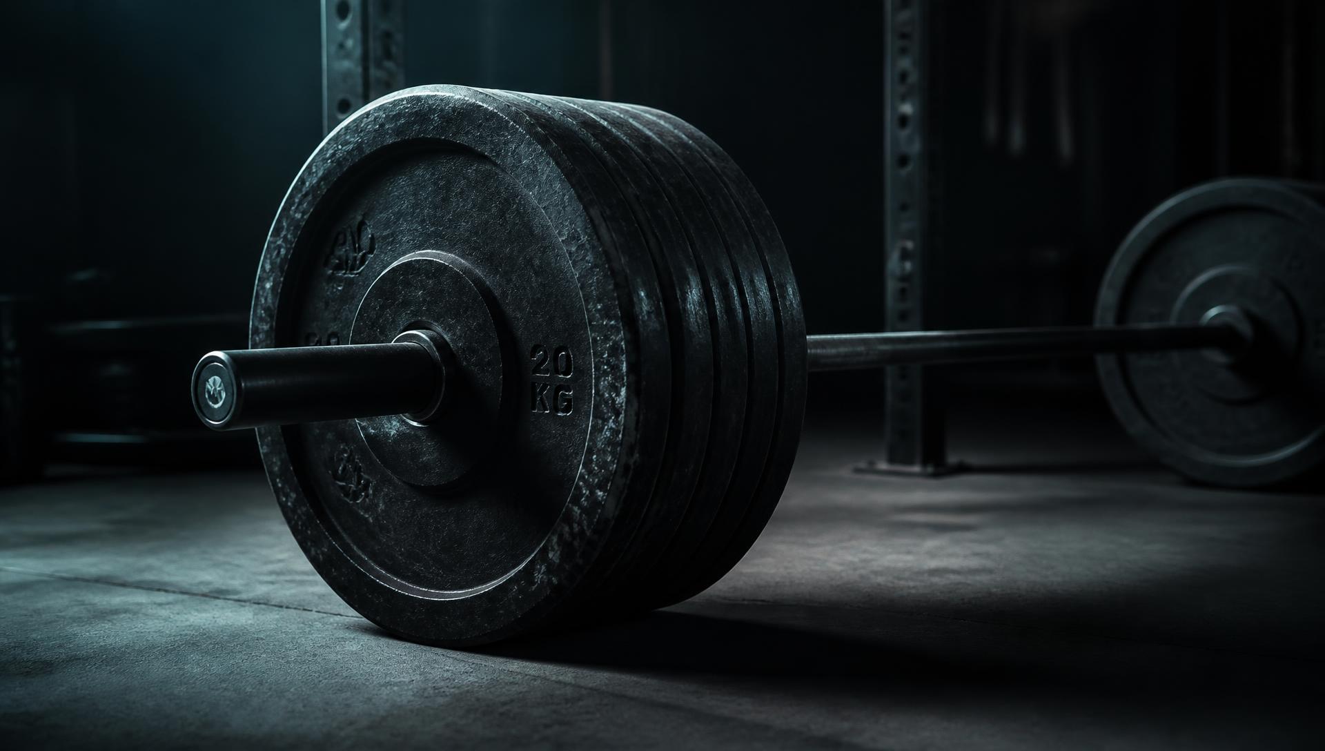 A loaded barbell resting on a gym floor.