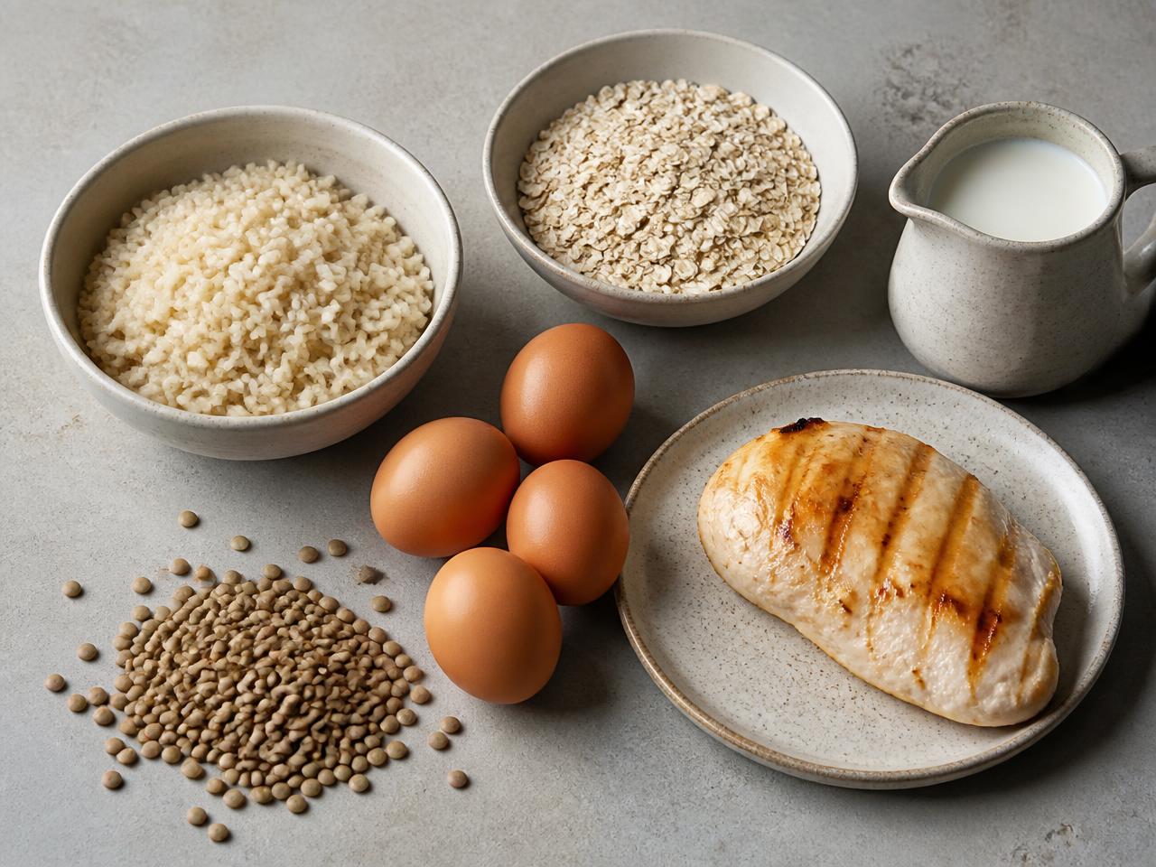 Bowls of rice and oats, eggs, lentils, milk and a cooked chicken breast on a stone surface.